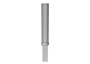 Tall, cylindrical silver object with a narrow vertical slit in the center, mounted on a rectangular gray base, set against a plain white background.