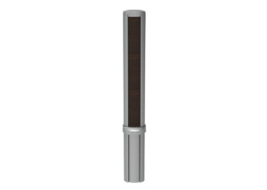 A cylindrical metal and wood object with a vertical dark wood panel and silver-colored ends, standing upright against a white background.