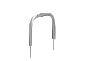 A metal landscape staple with two straight prongs and a curved top is shown upright against a plain white background.