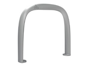 A silver metal U-shaped bike rack with two mounting plates at the base and a small bicycle symbol embossed at the top.