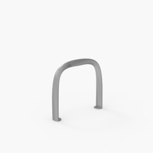 A silver, U-shaped metal bicycle rack standing against a plain white background.