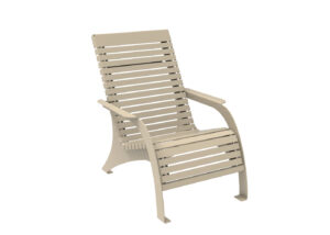 Beige outdoor chair with horizontal slats on the backrest and seat, slightly reclined with armrests, made of plastic or resin material.