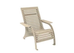 A beige slatted plastic outdoor chair with armrests and a slightly reclined backrest, shown on a white background.