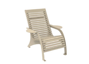 Beige plastic outdoor chair with slatted backrest and seat, curved armrests, and a slight recline.