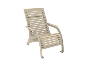Beige outdoor lounge chair with horizontal slats, curved armrests, and four short legs, photographed on a white background.