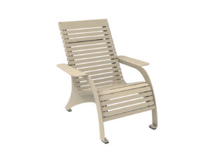 Beige slatted outdoor chair with armrests, angled backrest, and metal feet, photographed on a white background.