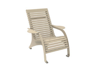 A beige, slatted outdoor lounge chair with armrests and a slightly reclined backrest, shown on a white background.