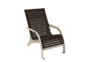 A wooden slatted outdoor chair with a high backrest and beige armrests and legs, shown against a white background.