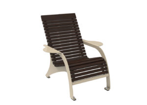 A lounge chair with a slatted dark brown wooden seat and backrest, and cream-colored metal armrests and legs.