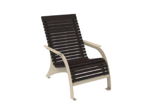 A patio chair with dark brown horizontal slats on the seat and backrest, and light beige armrests and legs, shown on a white background.