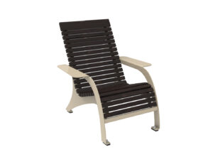 A lounge chair with a slatted dark brown wood seat and backrest, beige metal armrests and frame, shown against a white background.