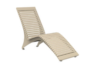 Beige slatted outdoor lounge chair with a curved, ergonomic design and four legs, shown on a white background.