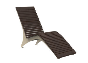 A modern chaise lounge chair with dark wooden slats and a curved metal frame, photographed on a white background.