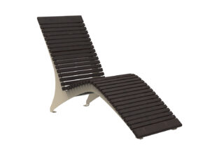 Modern lounge chair with a curved beige frame and dark brown slatted wooden seat and back, shown on a white background.