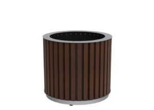 Cylindrical trash can with vertical brown slats and a silver metal rim at the top and bottom, shown against a white background.