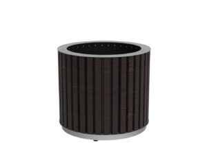 A cylindrical, dark brown trash can with vertical grooves and a metallic silver rim at the top and bottom, shown on a white background.