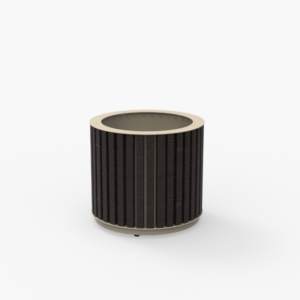 A round, dark brown planter with vertical grooves and a light-colored rim, placed against a plain white background.