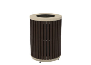 A cylindrical outdoor trash can with vertical brown slats and a beige top, viewed against a white background.
