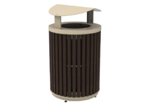 A cylindrical outdoor trash can with vertical dark brown slats, a beige base and top, and a curved beige lid partially covering the opening.