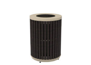 Cylindrical waste bin with vertical dark wooden slats and a light-colored top rim, featuring a round opening in the center of the lid.