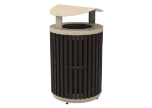 A cylindrical outdoor trash can with vertical dark wood-like panels and a light-colored metal lid, shown on a white background.