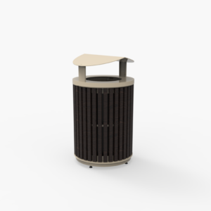 A cylindrical outdoor trash can with vertical dark slats and a beige, slanted lid, photographed on a plain white background.