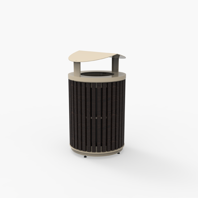 A cylindrical outdoor trash can with vertical dark slats and a beige, slanted lid, photographed on a plain white background.