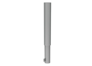 A cylindrical metal bollard with a wider top section and a small mounting bracket at the base.