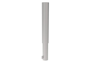 A grey, cylindrical metal bollard with a small mounting bracket at the base.