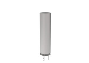 A tall, cylindrical grey bollard with a metal mounting base.
