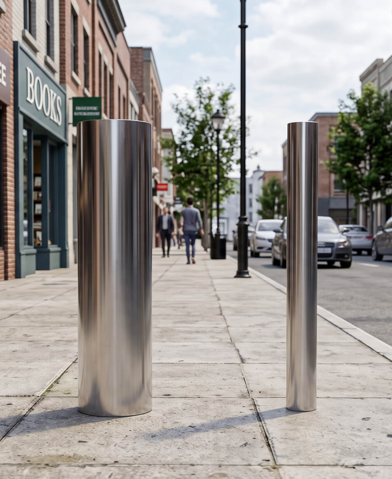 Two stainless steel bollards installed on a city sidewalk.