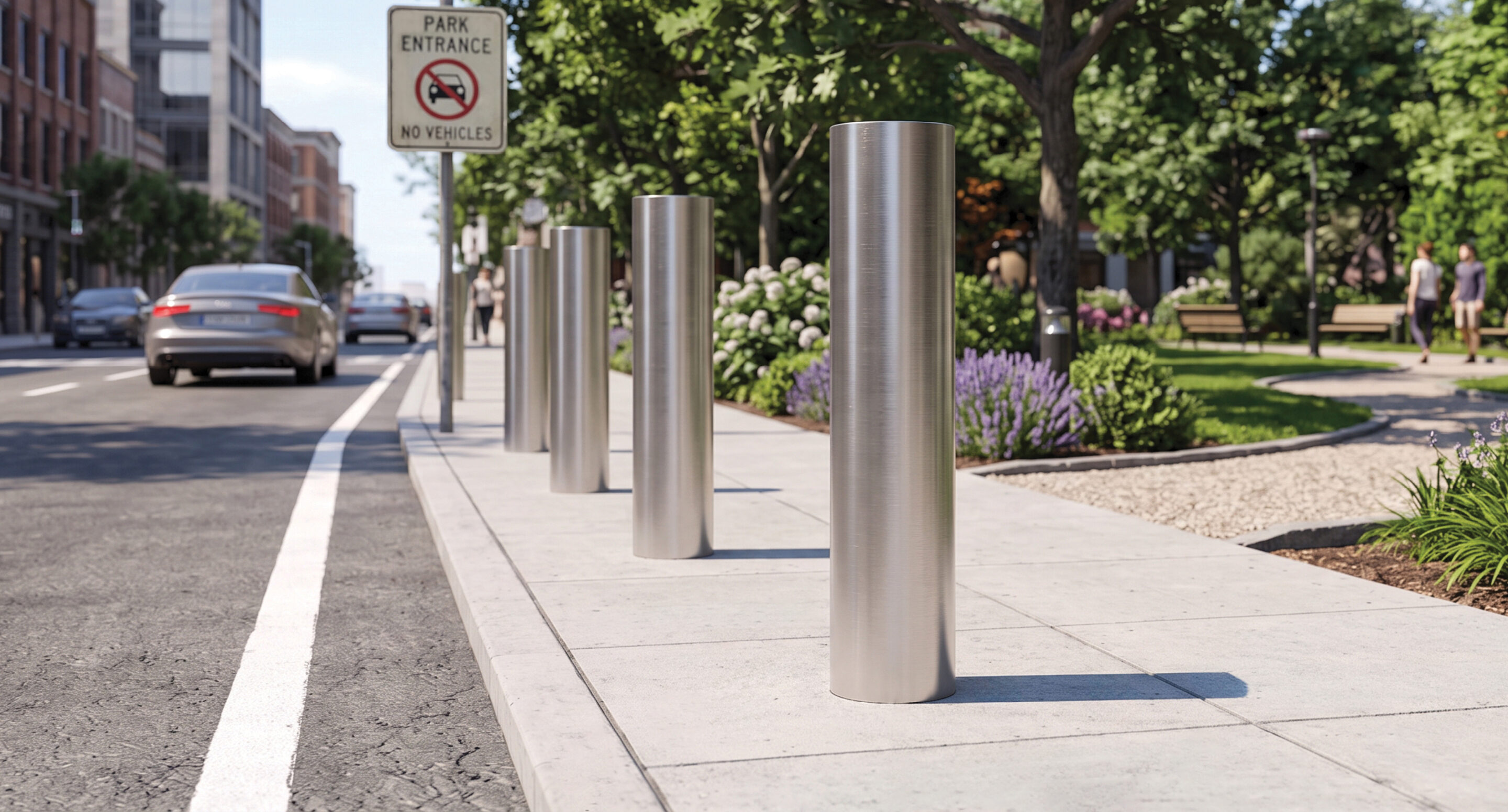 maglin_mbo-4300-bollards_carousel A row of cylindrical metal bollards lining a park entrance sidewalk next to a road.