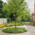 Une terrasse pavée avec un arbre au centre, un banc jaune, un banc orange et un bâtiment rouge.